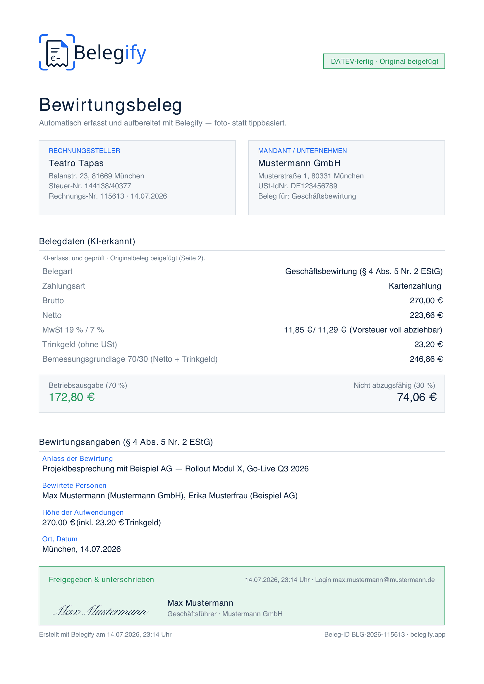 Fertiger Bewirtungsbeleg als PDF, bereit für den Steuerberater