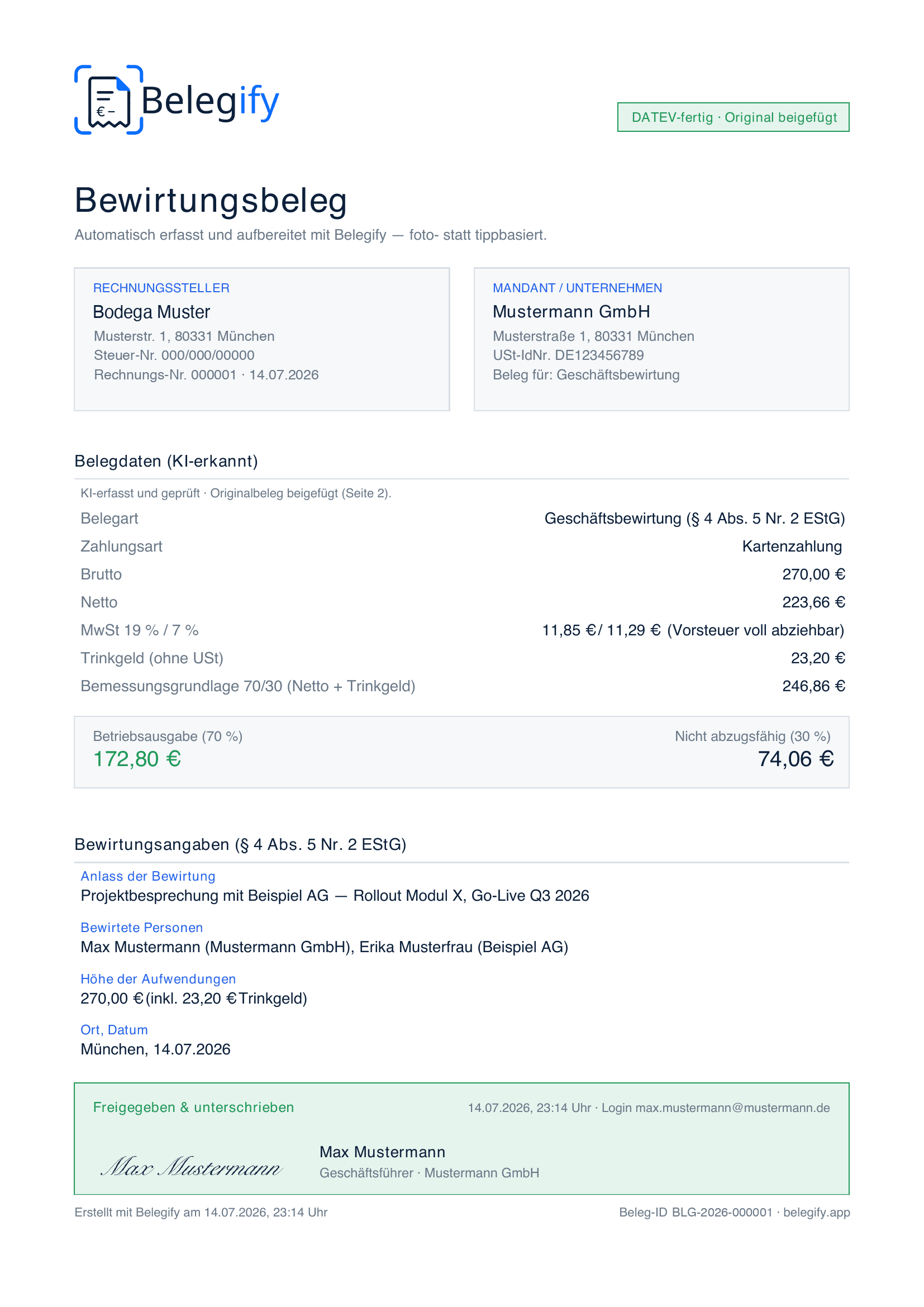 Fertiger Belegify-Bewirtungsbeleg mit 70/30-Split und Unterschrift