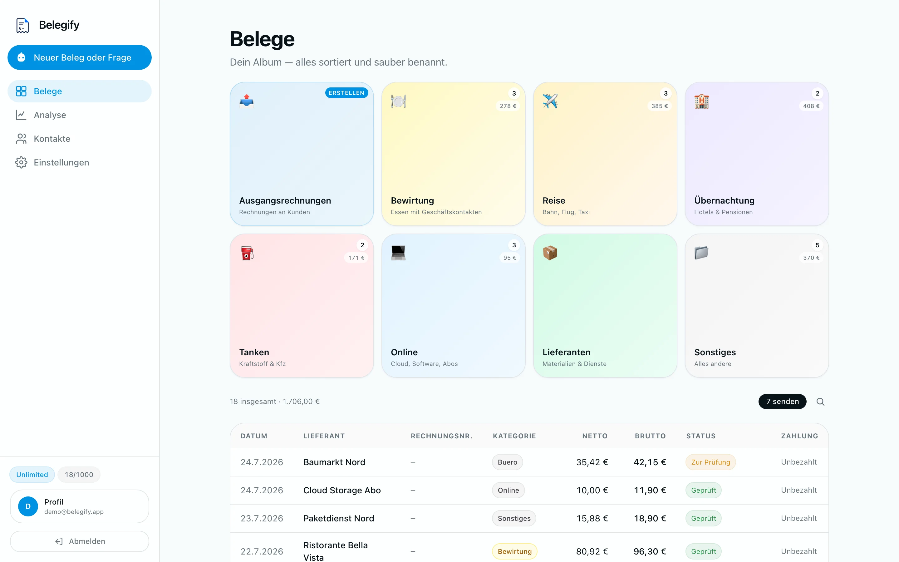 Belegify im Browser: Belege-Album mit Kategorie-Summen und Belegtabelle