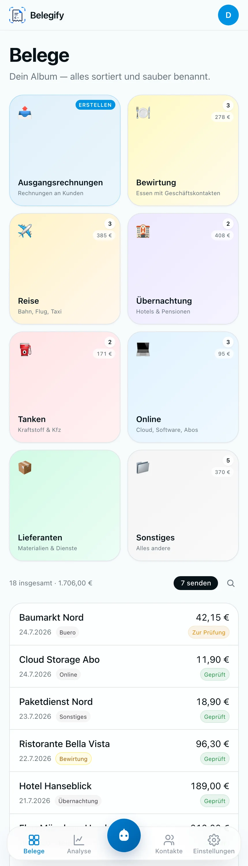 Belege-Übersicht mit Status der Zustellung