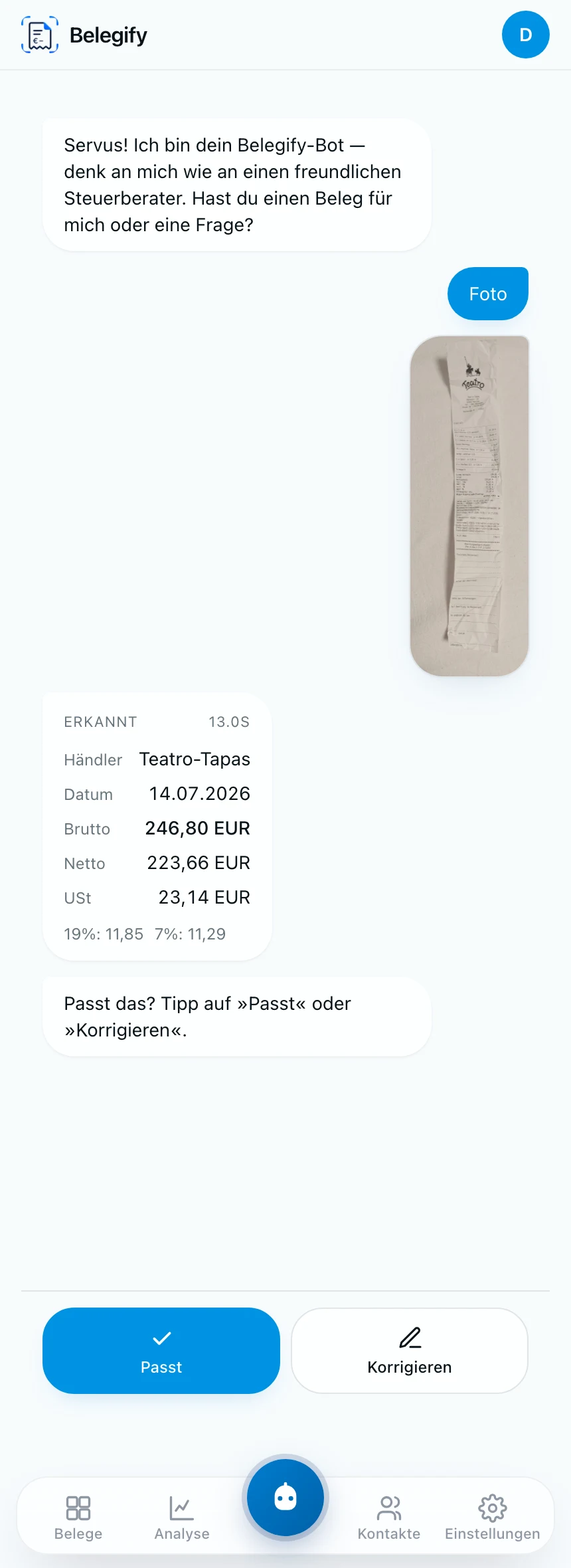 Erkennungs-Karte im Bot: Händler, Datum, Brutto, Netto und beide Steuersätze aus einem Foto