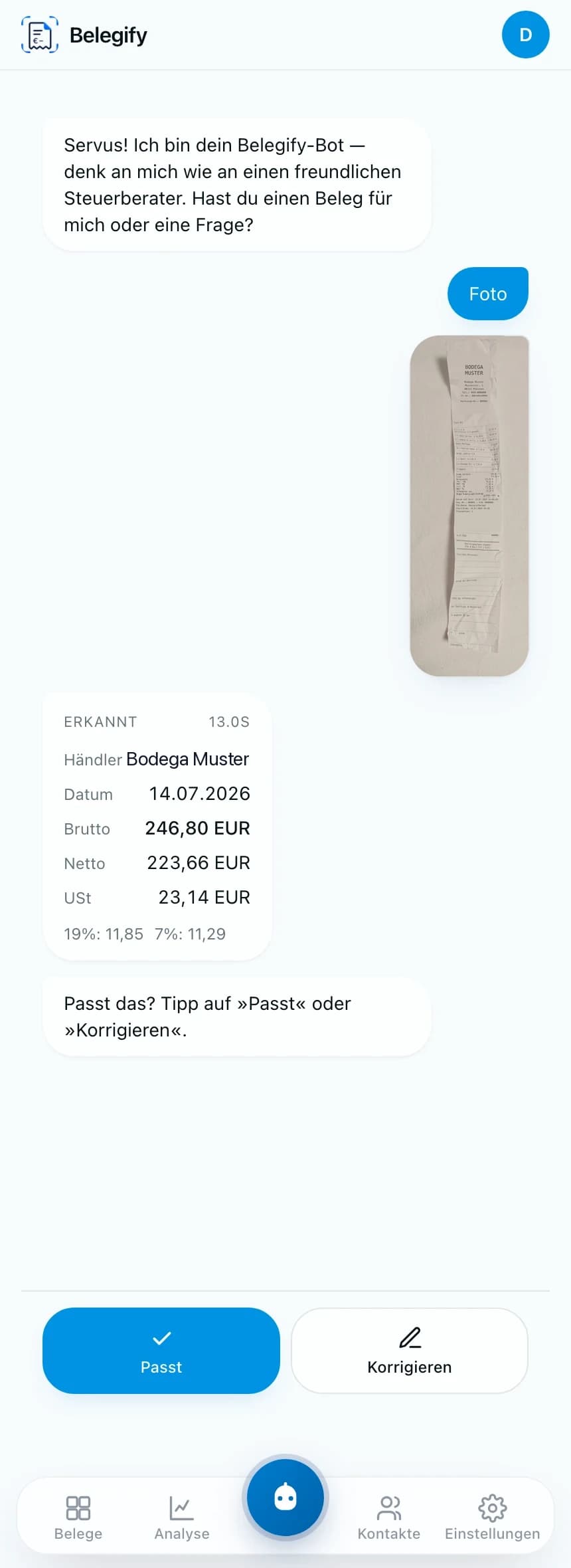 Erkennungs-Karte im Bot: Händler, Datum, Brutto, Netto und beide Steuersätze aus einem Foto